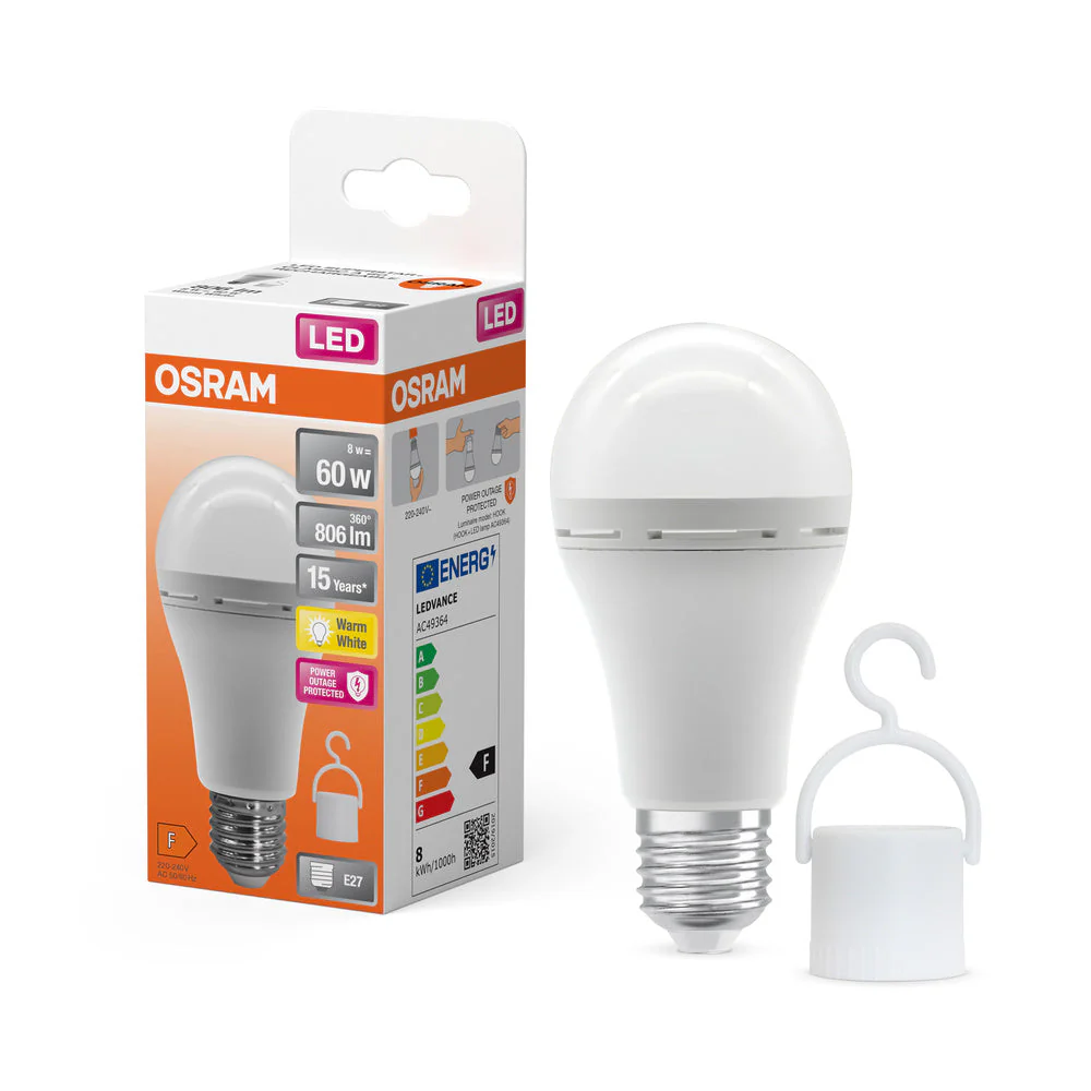OSRAM LED Classic A 60 Lampada da campeggio / Luce di emergenza con batteria ricaricabile integrata (ex 60W) 8W Bianco caldo E27