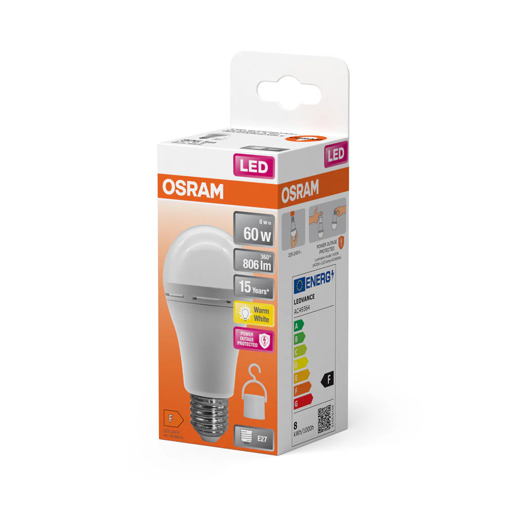 OSRAM LED Classic A 60 Lampada da campeggio / Luce di emergenza con batteria ricaricabile integrata (ex 60W) 8W Bianco caldo E27 - Image 3