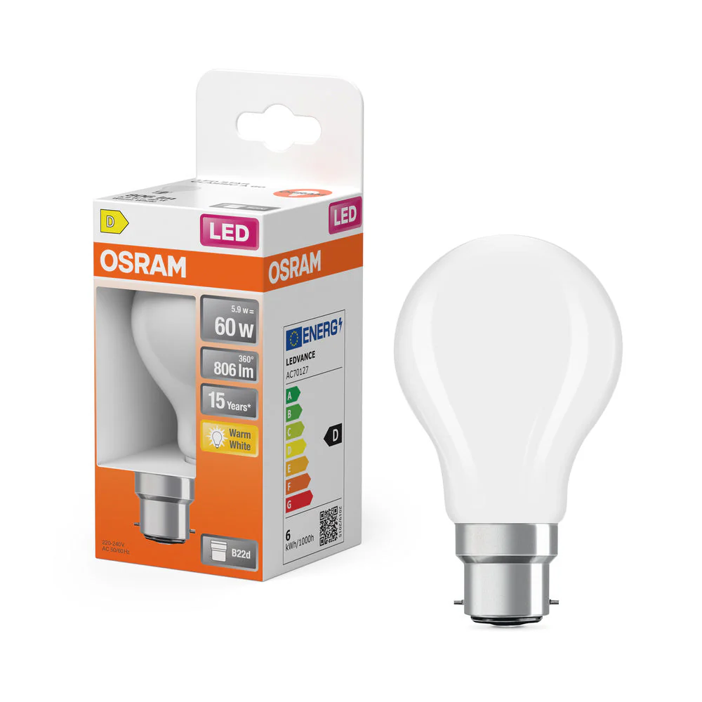 OSRAM Lampada LED Retrofit CLASSIC A 6.5W 827 Opalino B22d, 806 lm, 2700 K, Bianco caldo