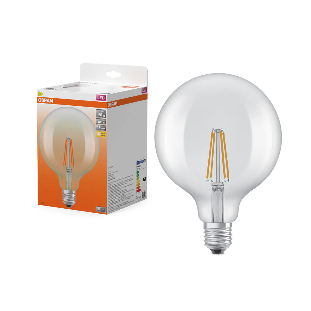 OSRAM lampadine LED, forma classica a globo, sostituzione 60 watt, E27, G125, 2700 kelvin, bianco caldo, vetro trasparente, confezione singola