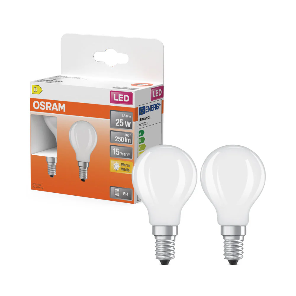 Lampadine LED OSRAM, forma classica miniball, sostituzione 25 Watt, E14, forma P, 2700 Kelvin, bianco caldo, vetro trasparente, confezione da 2 pezzi