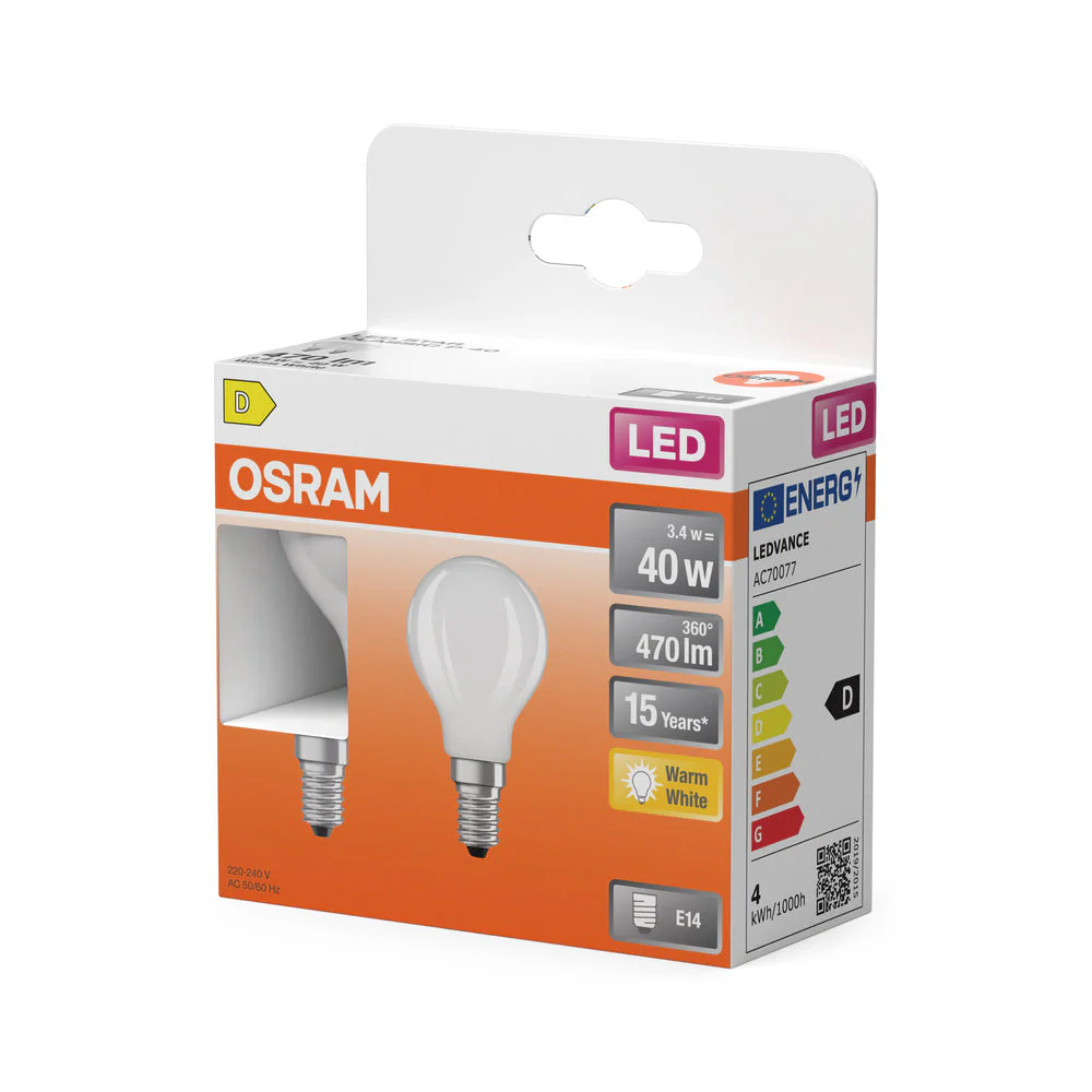 OSRAM lampadine LED, forma classica miniball, sostituzione 40 watt, E14, forma P, 2700 kelvin, bianco caldo, vetro chiaro, confezione da 2 pezzi - Image 3