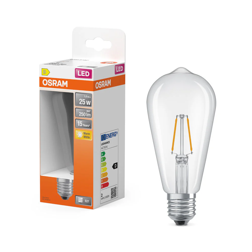 OSRAM Lampada LED Retrofit CLASSIC ST 2.5W 827 Chiaro E27, 250 lm, 2700 K, Bianco caldo