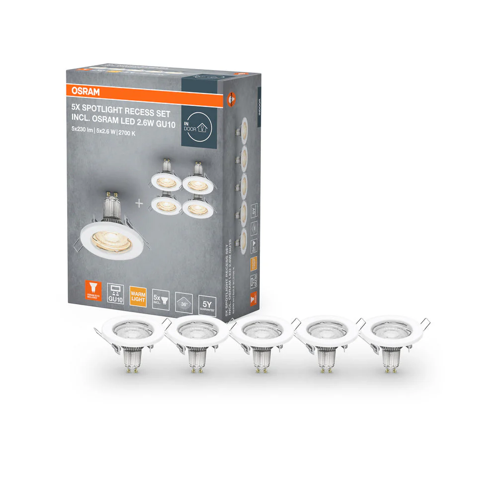 OSRAM faretti da incasso confezione da 5, Ø 80mm, incl. 5x lampadine GU10-OSRAM (5x 2.6W), bianco, custodia metallica, protezione IP20