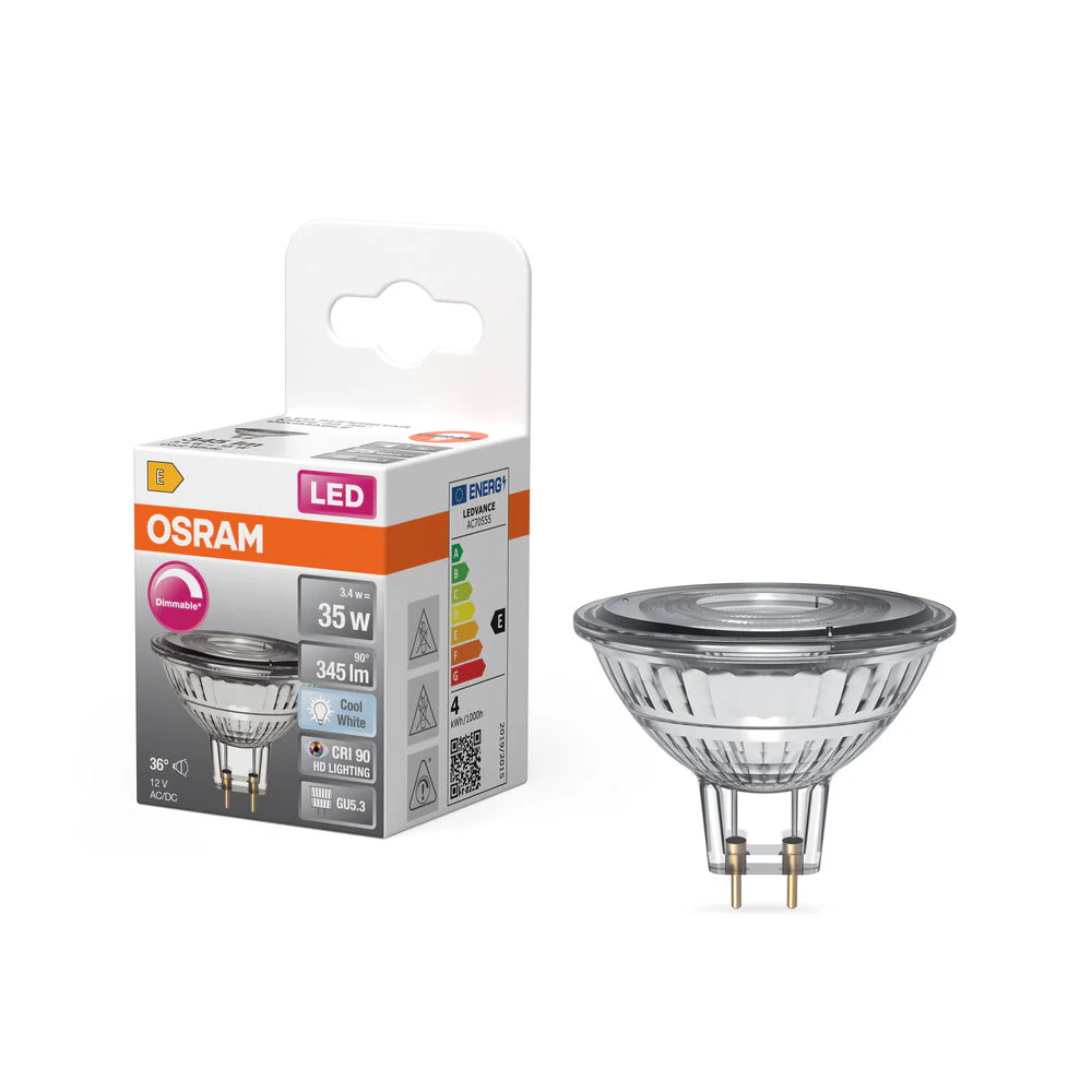 OSRAM Lampadina riflettore LED dimmerabile MR16 con attacco GU5.3, bianco freddo (4000K), 4,9W, sostituto per lampadina riflettore da 35W, LED SUPERSTAR MR16 12 V