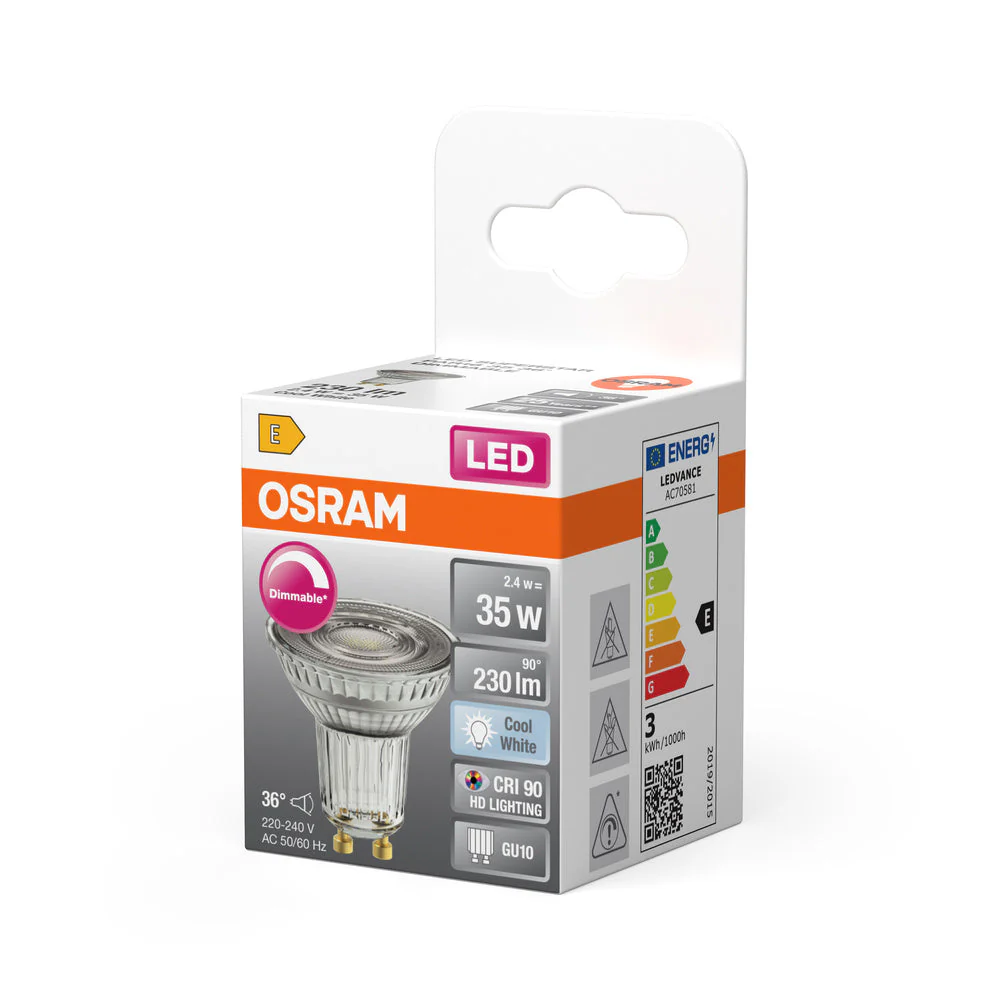 OSRAM Lampadina riflettore LED dimmerabile PAR16 con attacco GU10, bianco freddo (4000K), spot in vetro, 3,7W, sostituto per lampadina riflettore da 35W, LED SUPERSTAR PAR16 - Image 3