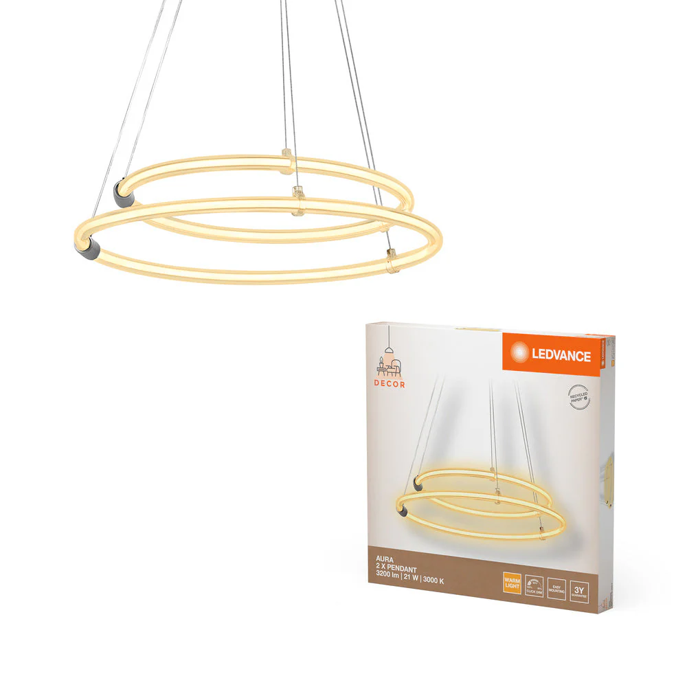 LEDVANCE DECOR Aura lampada a sospensione a 2 pezzi, 3000K, 21W, 2400lm, Click DIM - Image 2