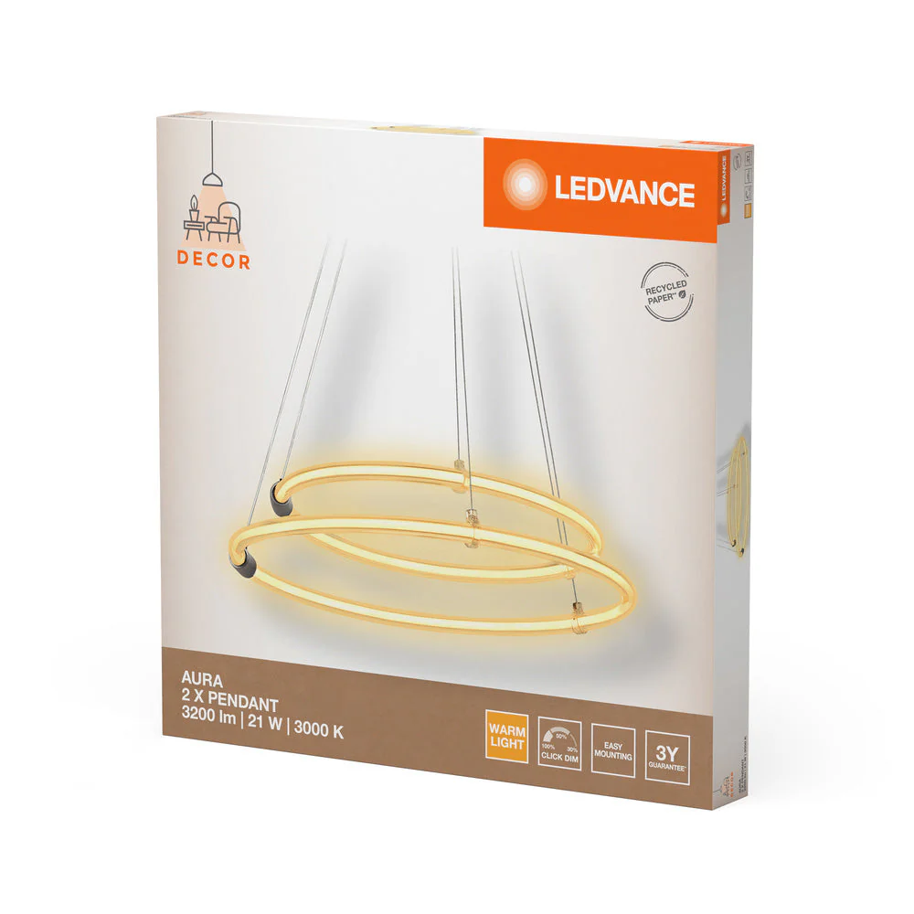 LEDVANCE DECOR Aura lampada a sospensione a 2 pezzi, 3000K, 21W, 2400lm, Click DIM - Image 4