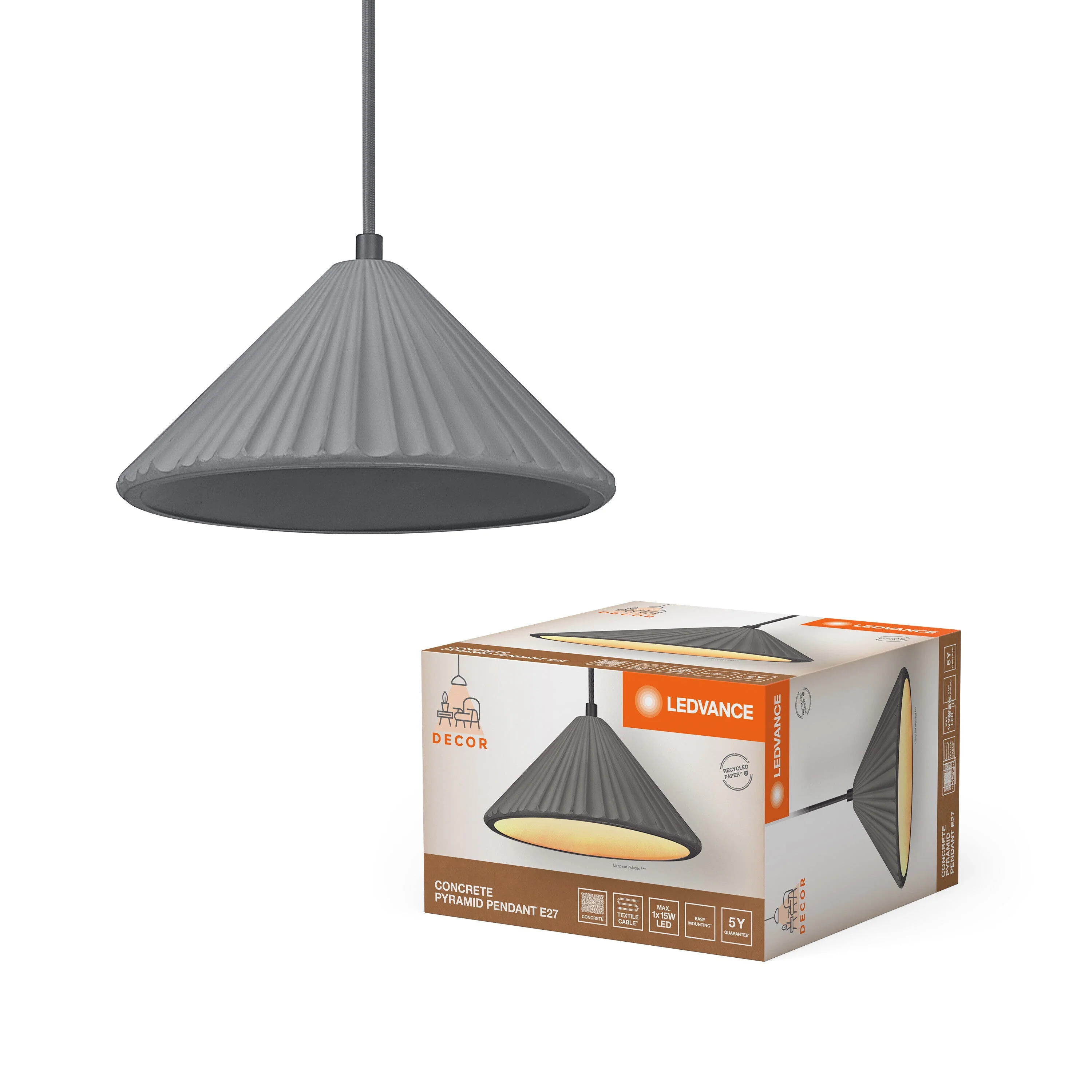 Lampada a sospensione in cemento LEDVANCE DECOR Concrete Pyramid, E27, 250 mm - Image 2