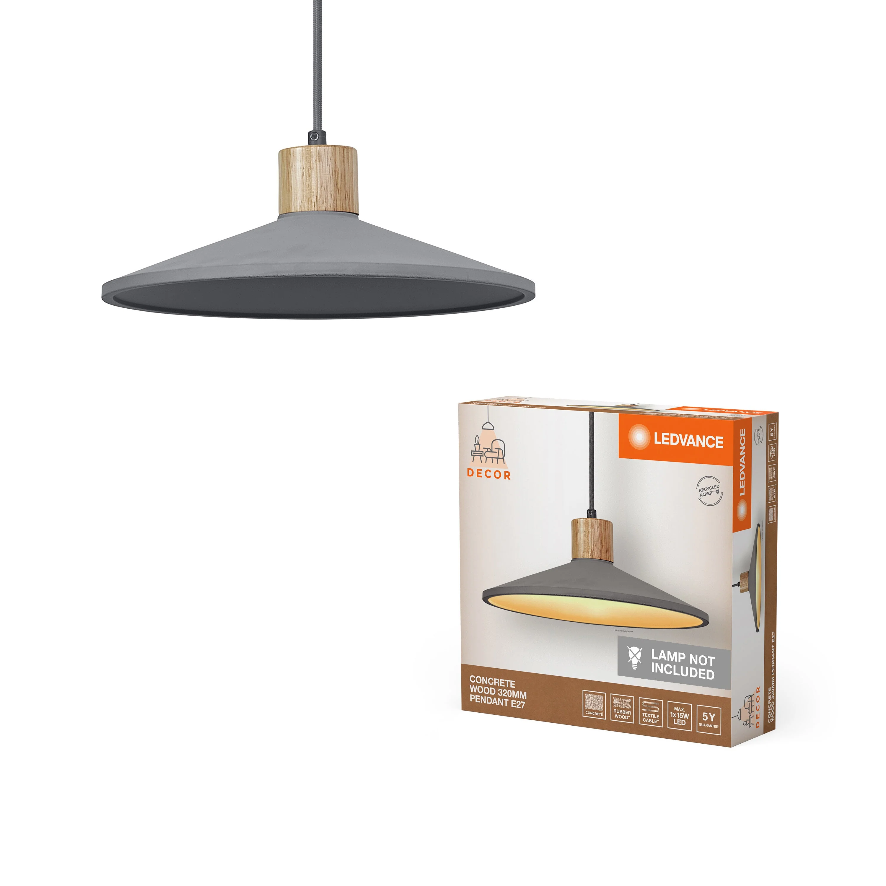 Lampada a sospensione in cemento LEDVANCE DECOR Concrete Wood, E27, 320 mm - Image 2