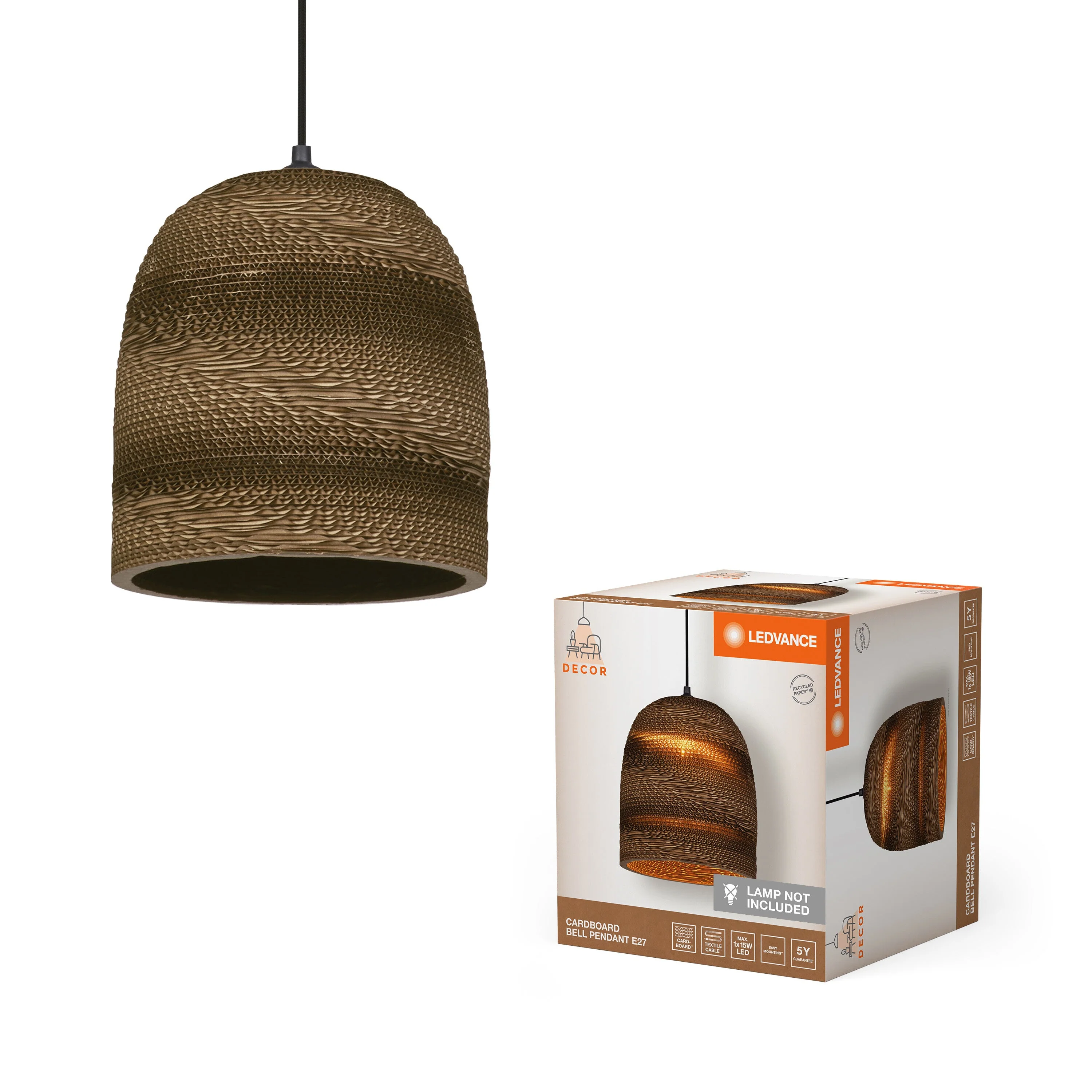 Lampada a sospensione LEDVANCE DECOR Decor Cardboard Ball Bell marrone, E27 - Image 2