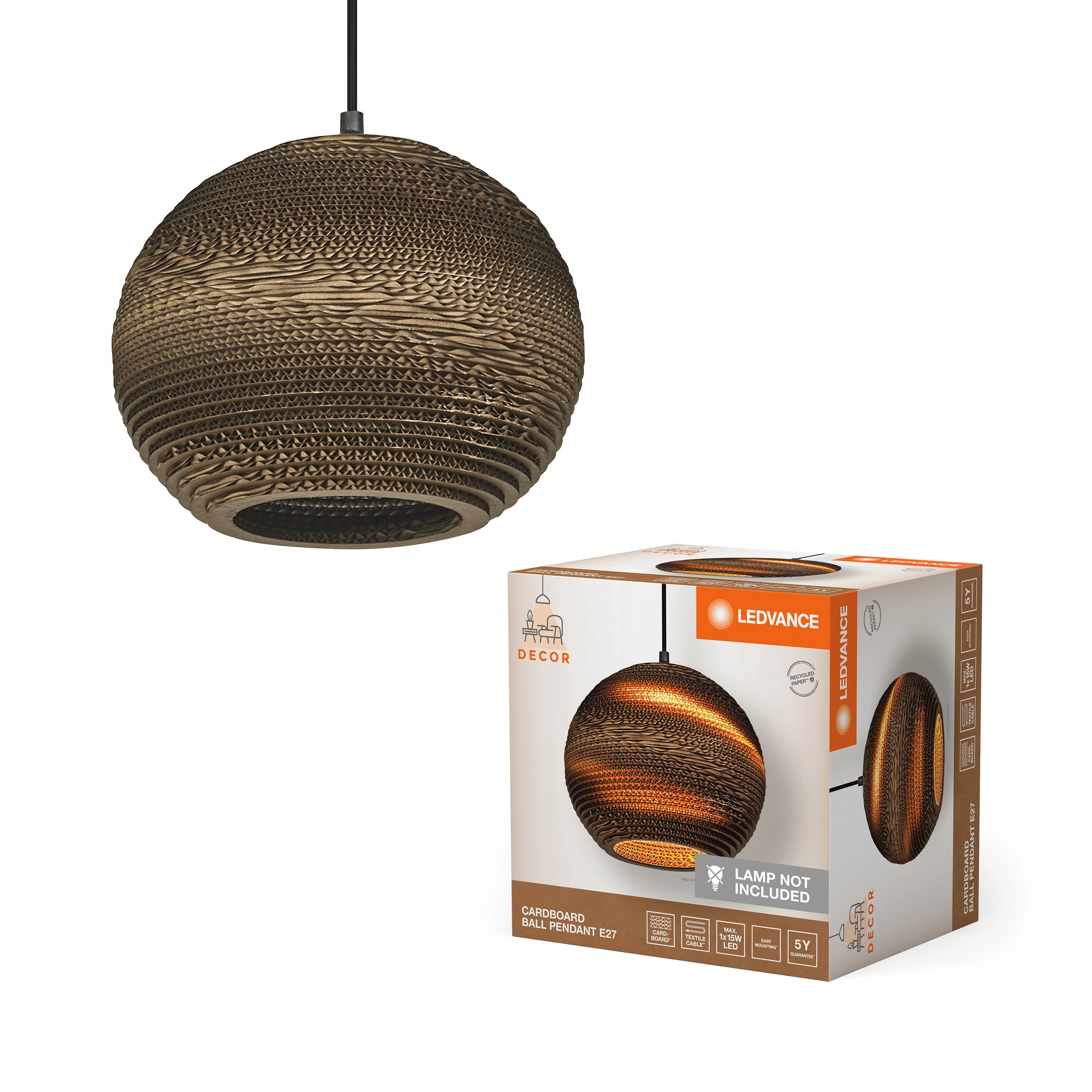 Lampada a sospensione LEDVANCE DECOR Decor Cardboard Ball marrone, E27 - Image 2