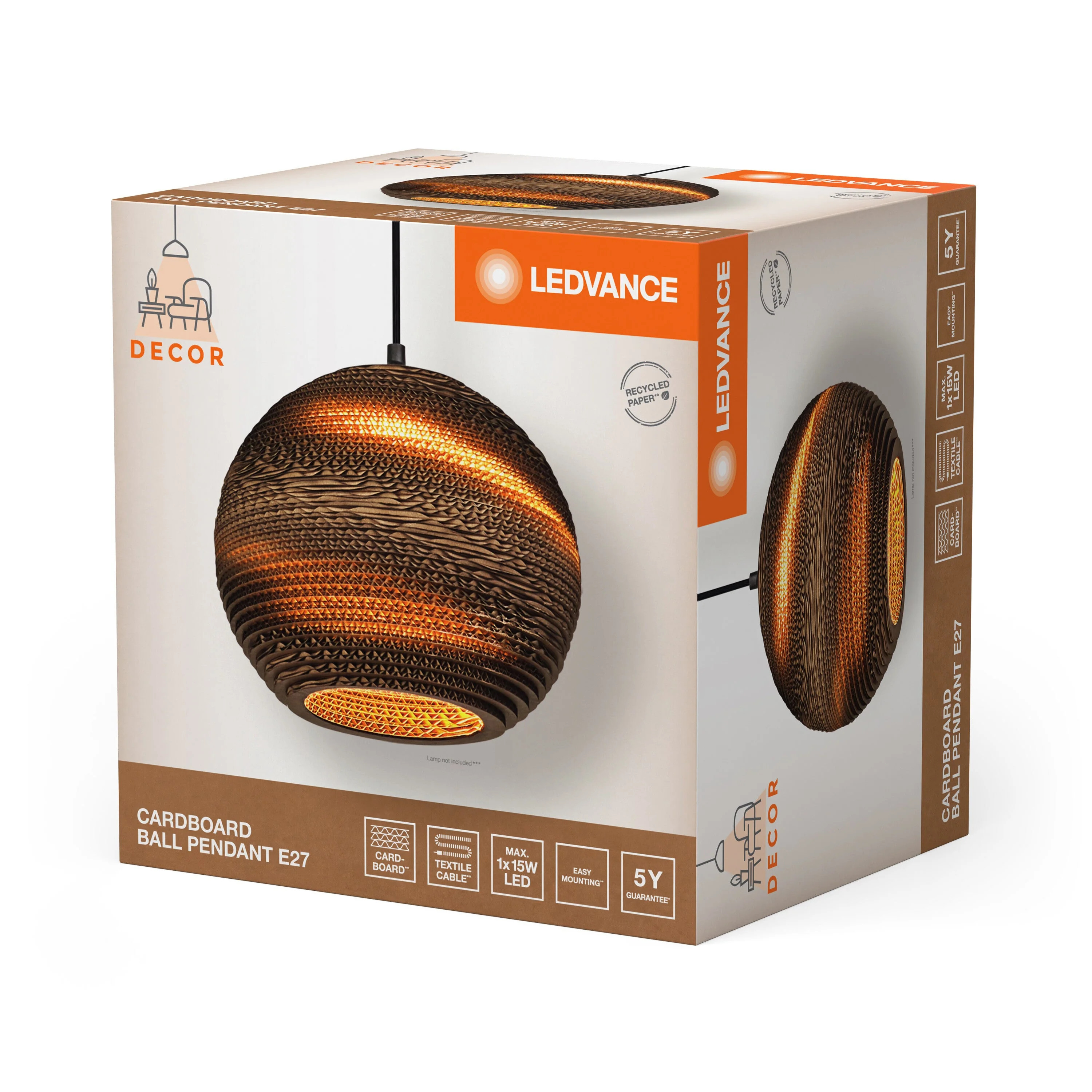 Lampada a sospensione LEDVANCE DECOR Decor Cardboard Ball marrone, E27 - Image 4