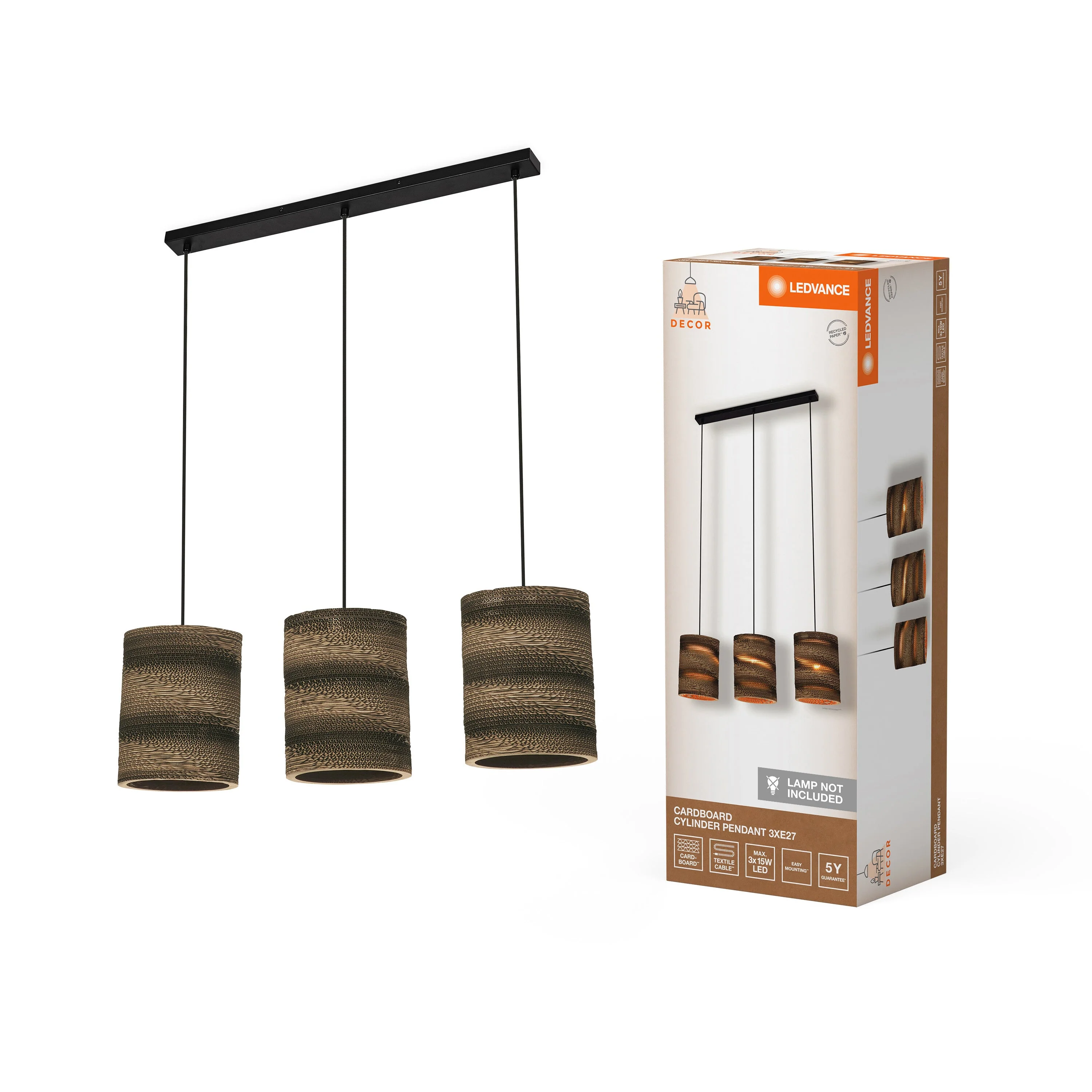 LEDVANCE DECOR Pendelleuchte Decor Cartone Cilindro braun, 3xE27 - Image 2