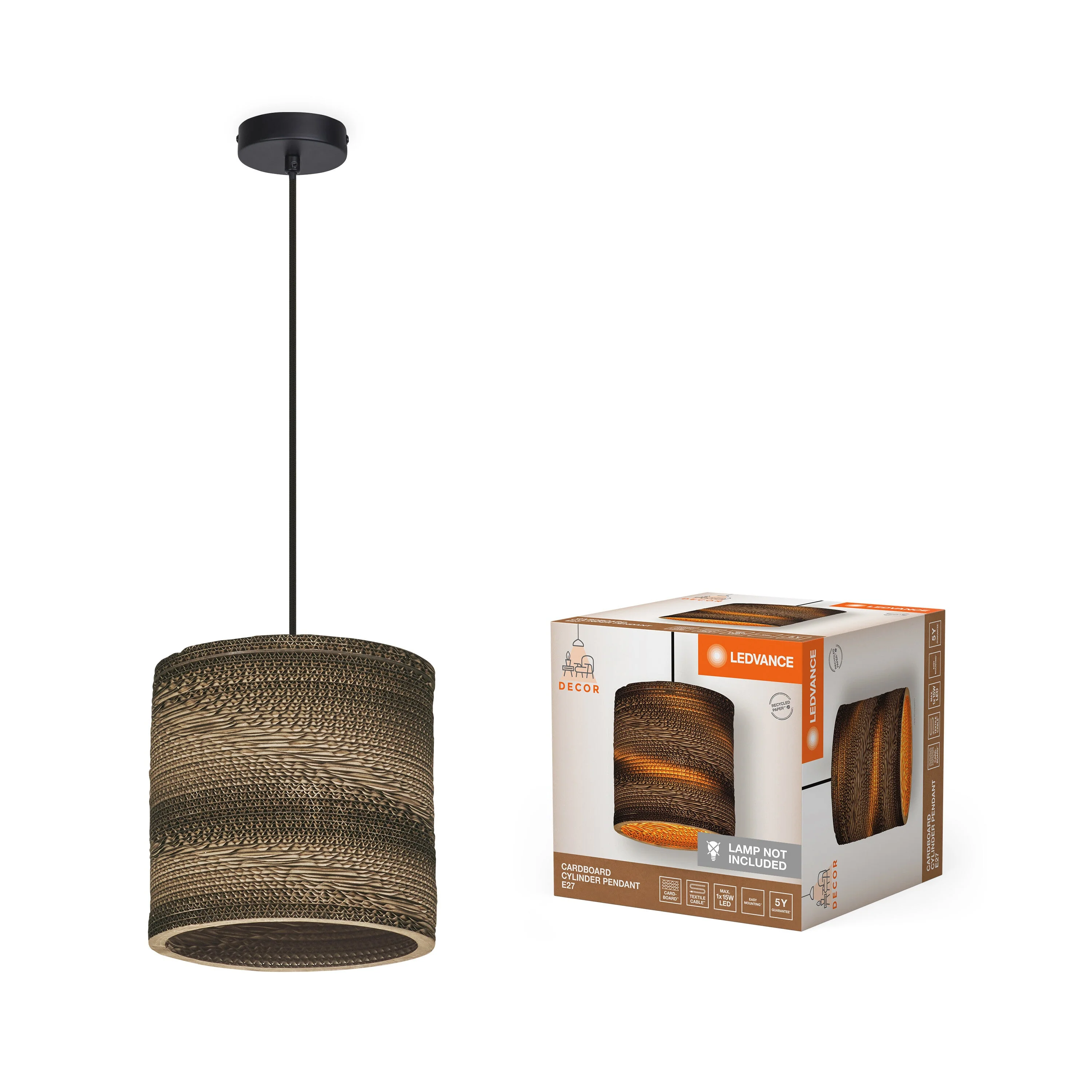 Lampada a sospensione LEDVANCE DECOR Decor Cardboard Cilindro marrone, E27 - Image 2