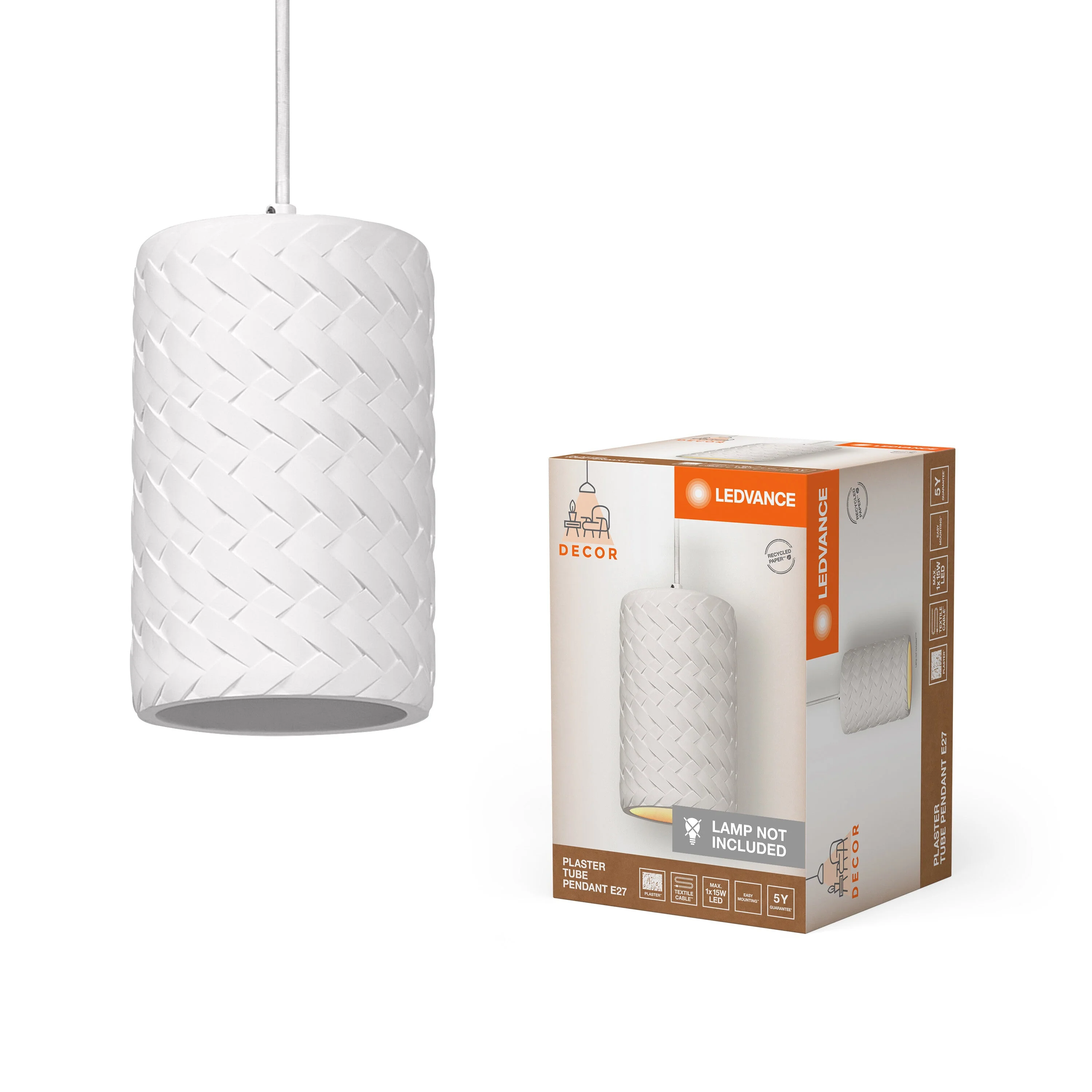 LEDVANCE DECOR Tubo in gesso Gips Pendelleuchte, E27, 140 mm - Image 2