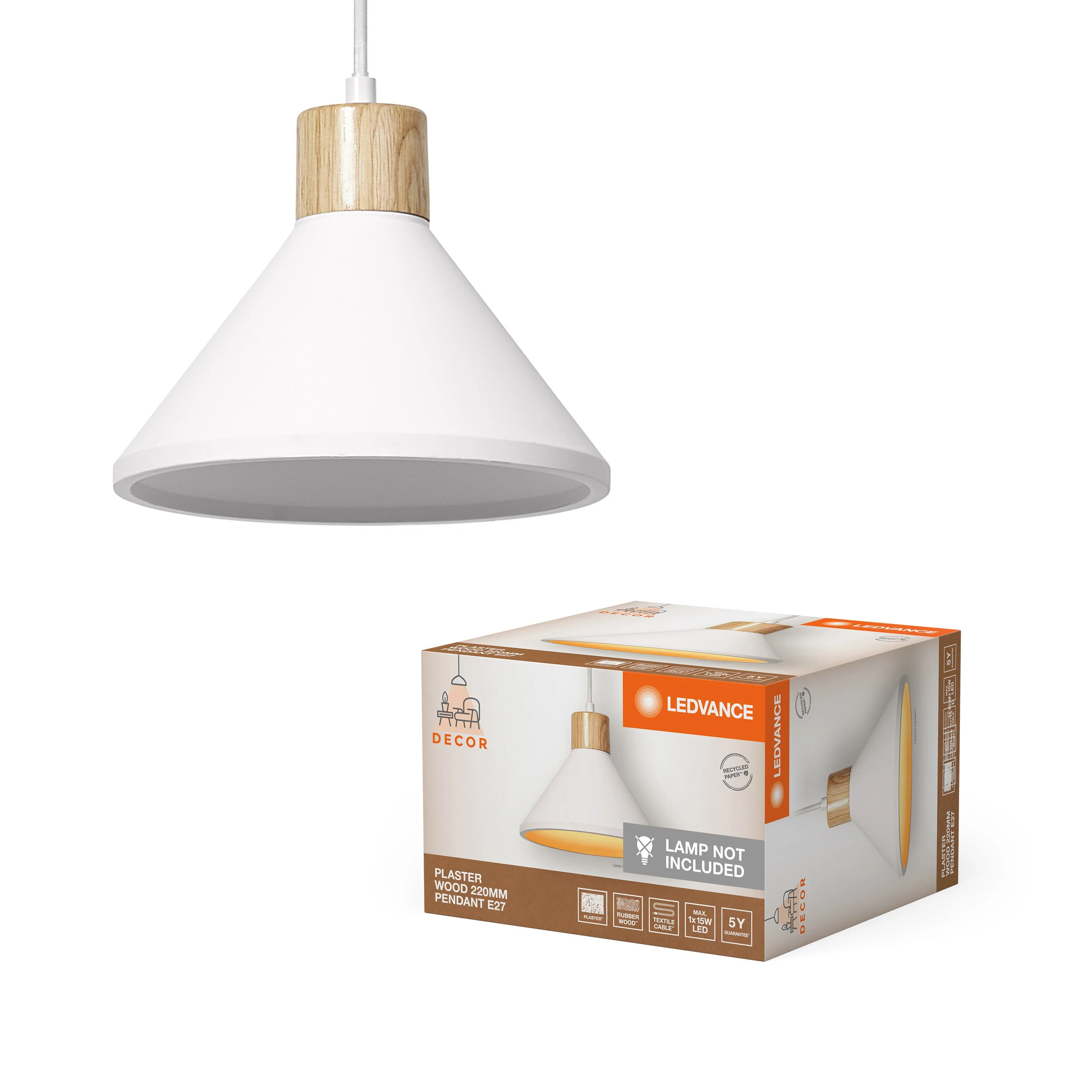 Lampada a sospensione LEDVANCE DECOR Plaster Wood Gypsum, E27, 220 mm - Image 2