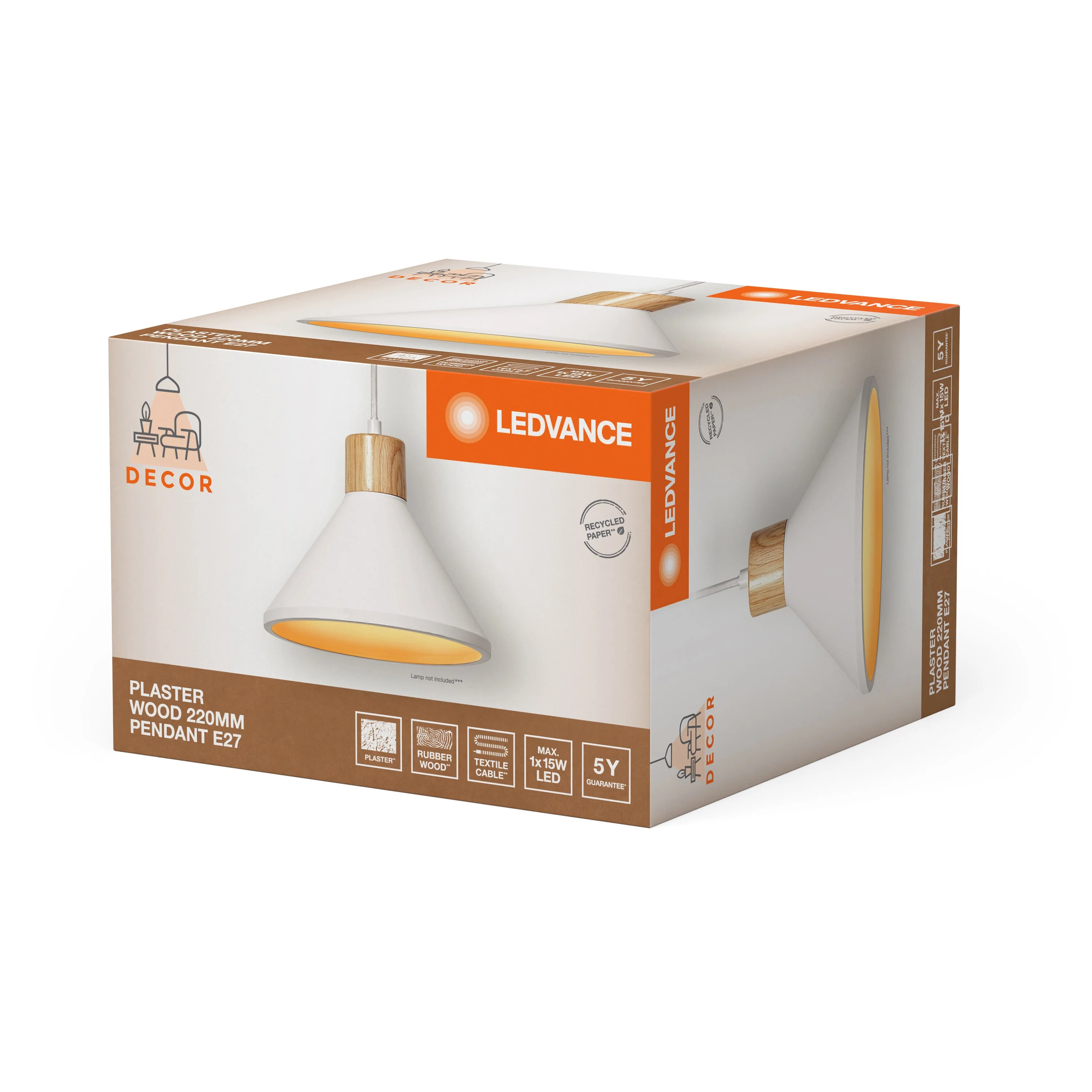 Lampada a sospensione LEDVANCE DECOR Plaster Wood Gypsum, E27, 220 mm - Image 4