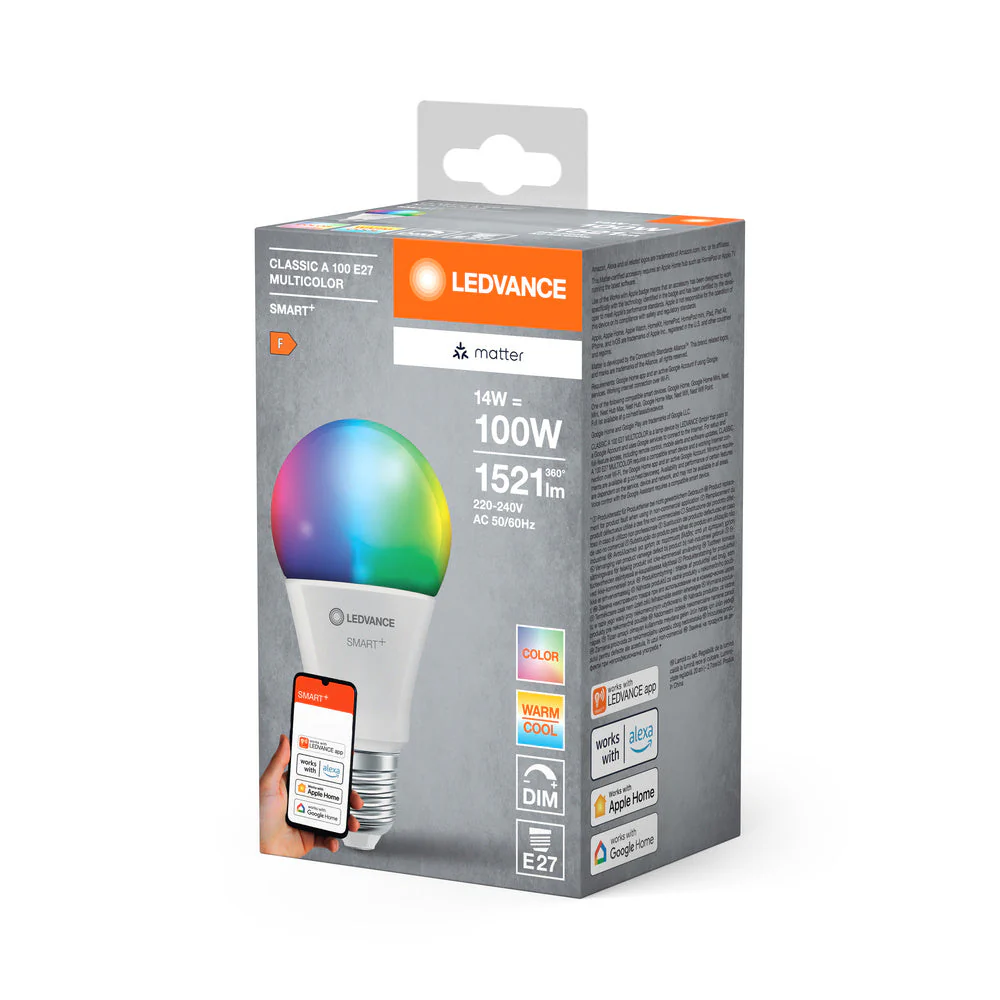 LEDVANCE Matter SMART+ LED Lampada CLASSIC A, RGB, Frost-Optik, 14W, 1521lm, E27 - Image 3