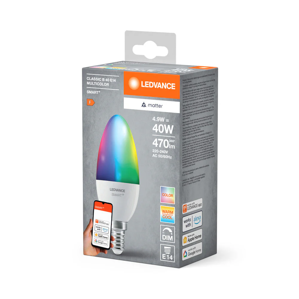 LEDVANCE Matter SMART+ LED Lampada CLASSIC B, RGB, Frost-Optik, 4,9W, 470lm, E14 - Image 3