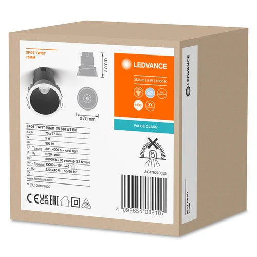 LEDVANCE SPOT TWIST Ø 70mm Downlight, nero, 5W, 400lm, 840 WT - Image 4