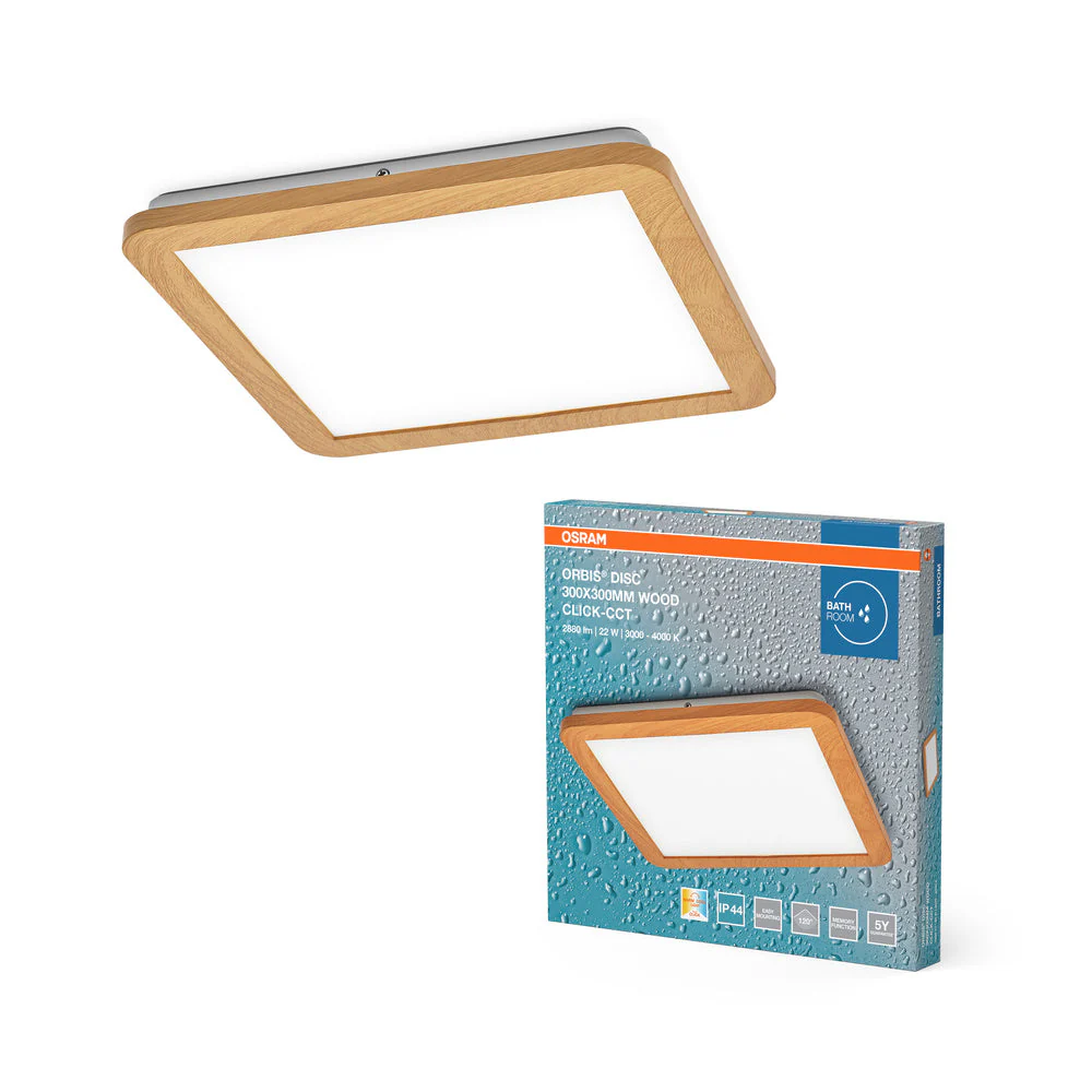 OSRAM ORBIS Disc lampada da soffitto per bagno 30x30cm 22W IP44 decorazione in legno