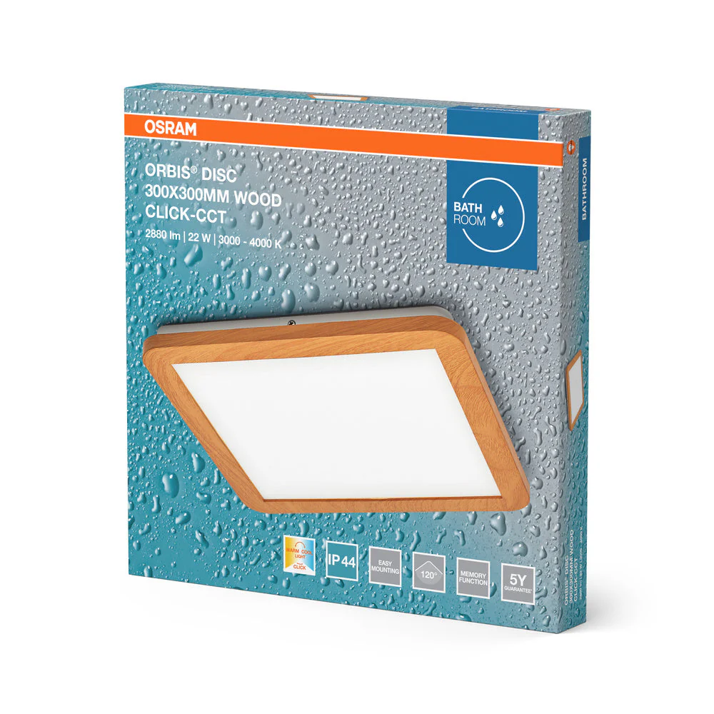 OSRAM ORBIS Disc lampada da soffitto per bagno 30x30cm 22W IP44 decorazione in legno - Image 3