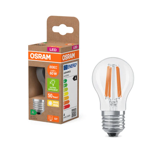 OSRAM Lampadina LED Classe Energetica, 3.8W, Chiara, EEK A, 806lm, E27, Bianco Caldo