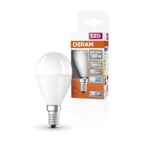 OSRAM lampadine LED, forma classica miniball, sostituzione 60 watt, E14, forma P, 4000 kelvin, bianco freddo, opaco