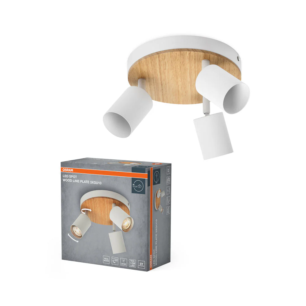 OSRAM LED Spot Wood Line Plate Lampada da soffitto 3xGU10 Bianco e decorazione legno