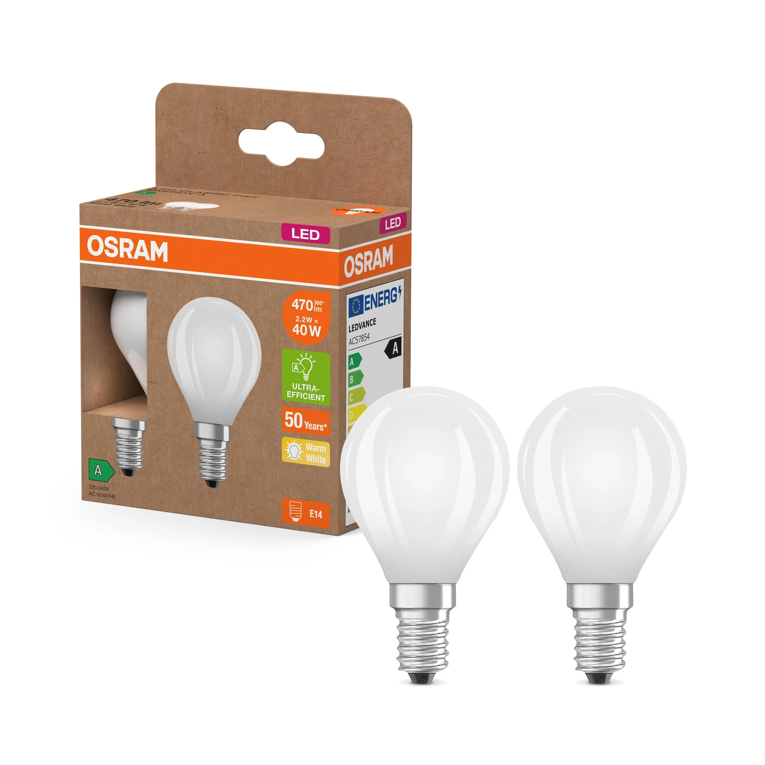 OSRAM LED Superstar Classic Lampada Opaca, 2.2W, 470lm, 45mm, Bianco Caldo, E14