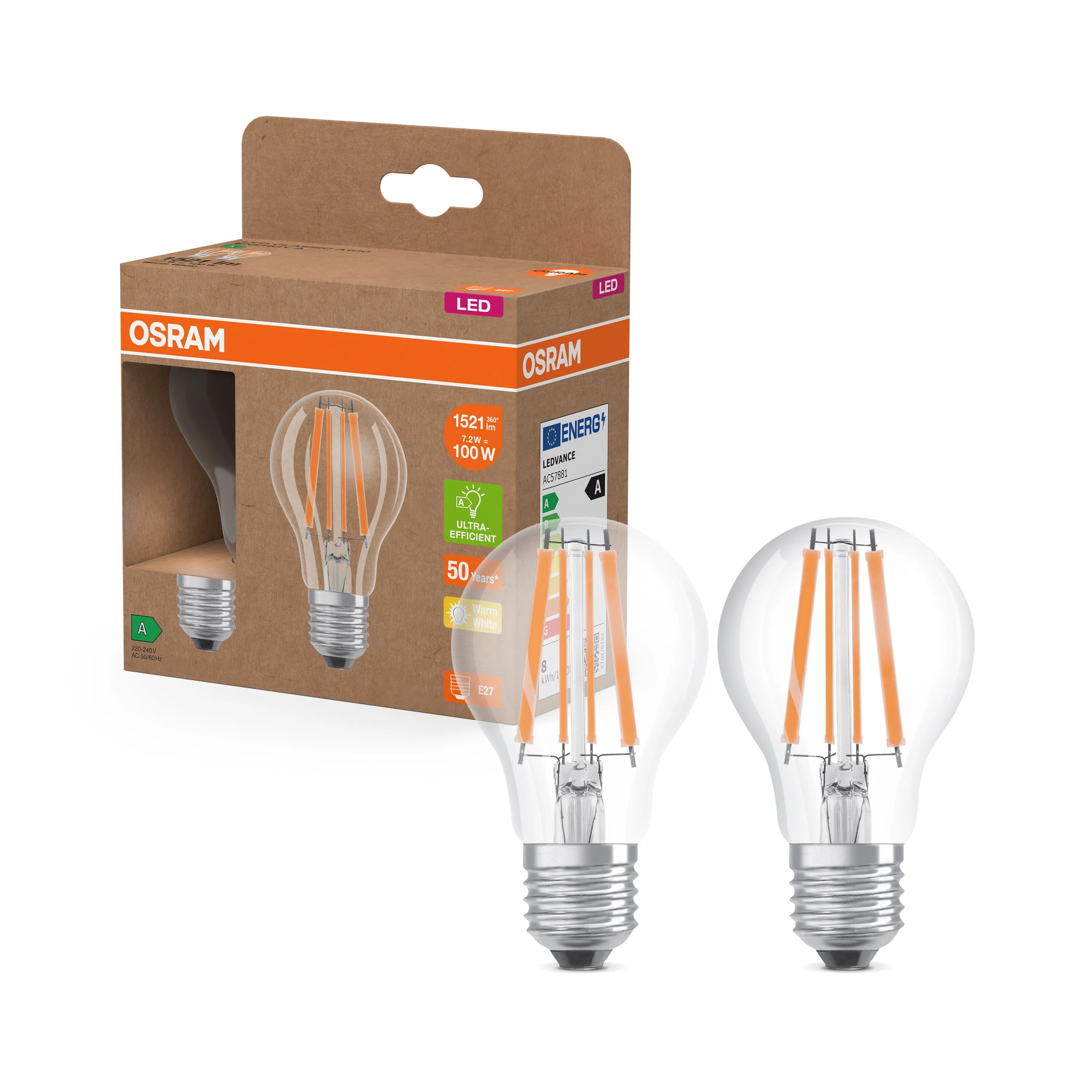 OSRAM LED Superstar Classic Lampada Chiara, 7.2W, 1521lm, E27 Bianco Caldo Confezione da 2