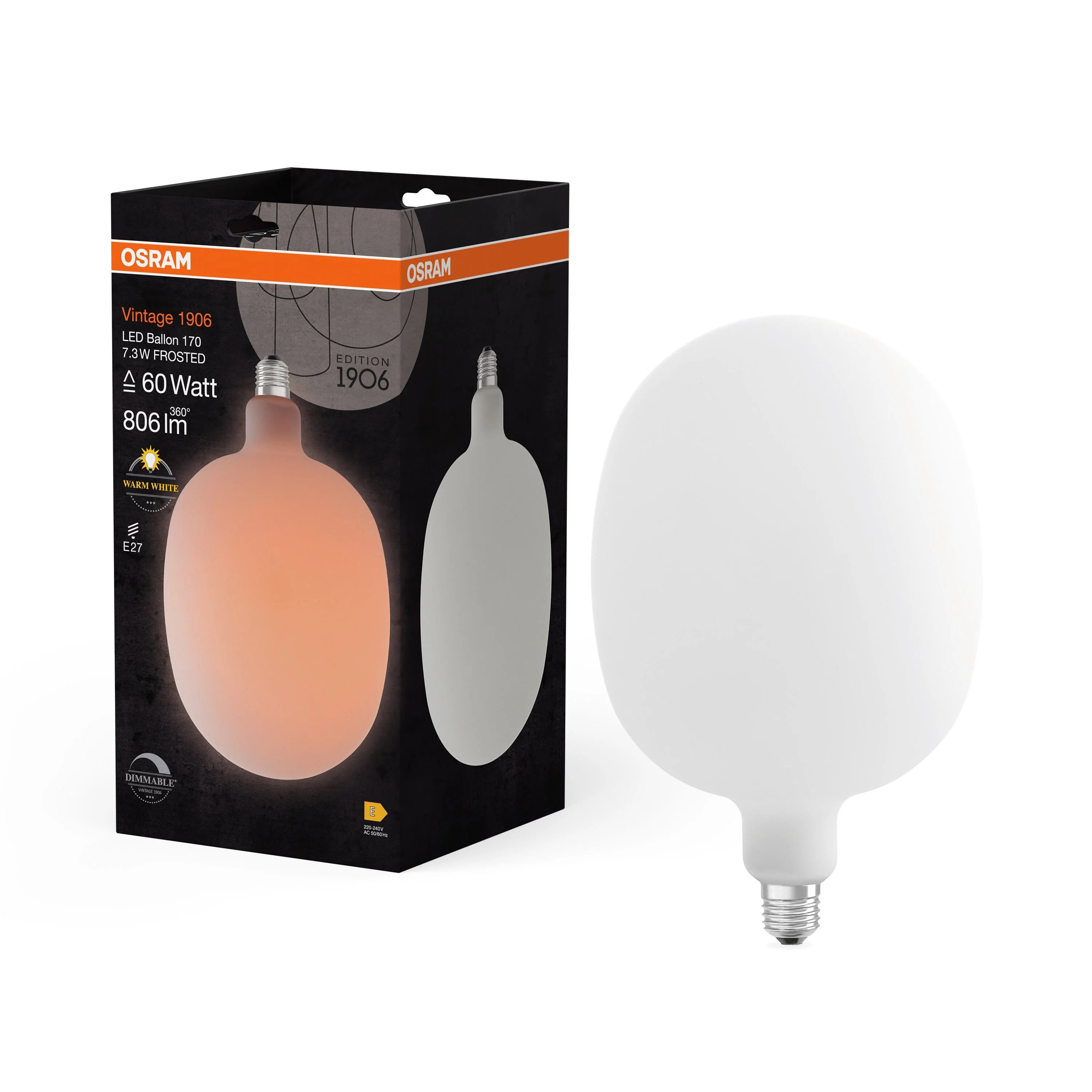 OSRAM Vintage 1906 Lampadina LED a globo satinata, 7.3W, E27, Bianco caldo