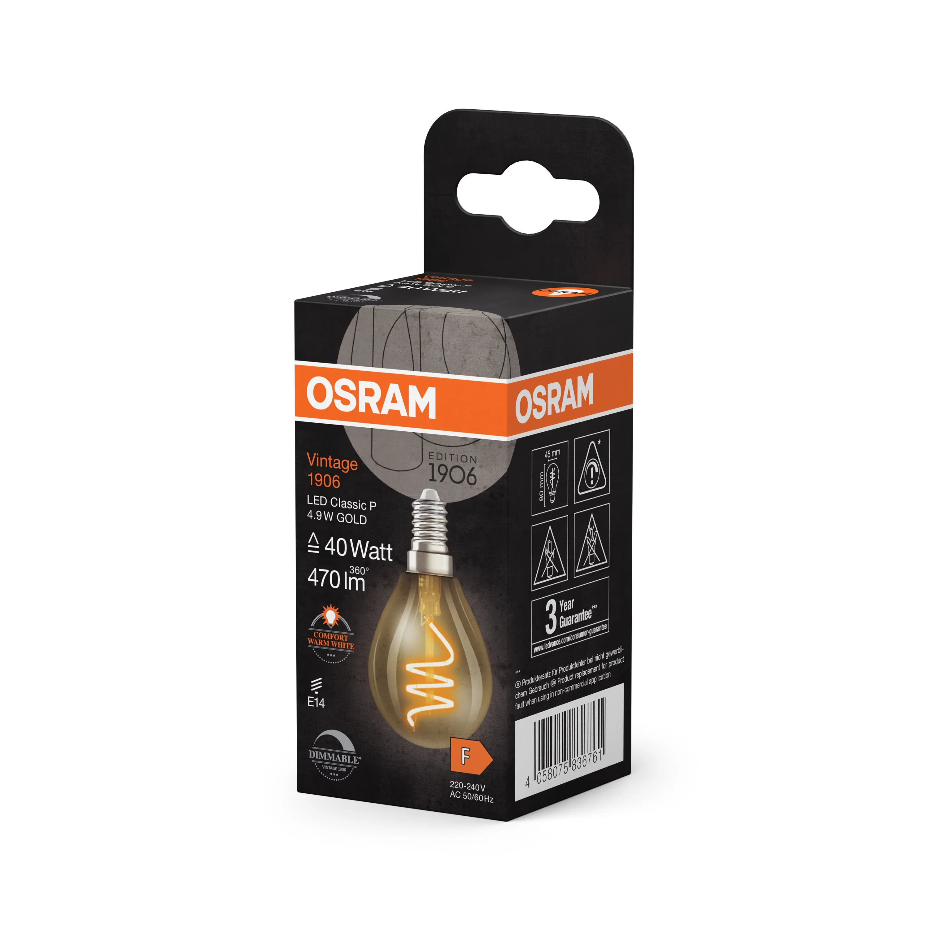 OSRAM Vintage 1906 Classica Lampada LED Oro, 4.9W, 470lm, E14, Comfort bianco caldo - Image 3