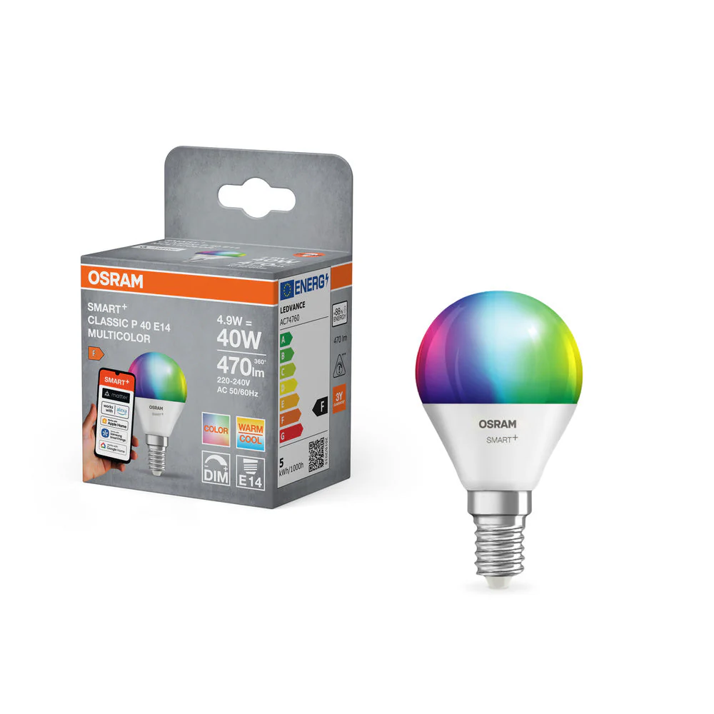 OSRAM Matter SMART+ LED Lampada CLASSIC P, RGB, Frost-Optik, 4,9W, 470lm, E14