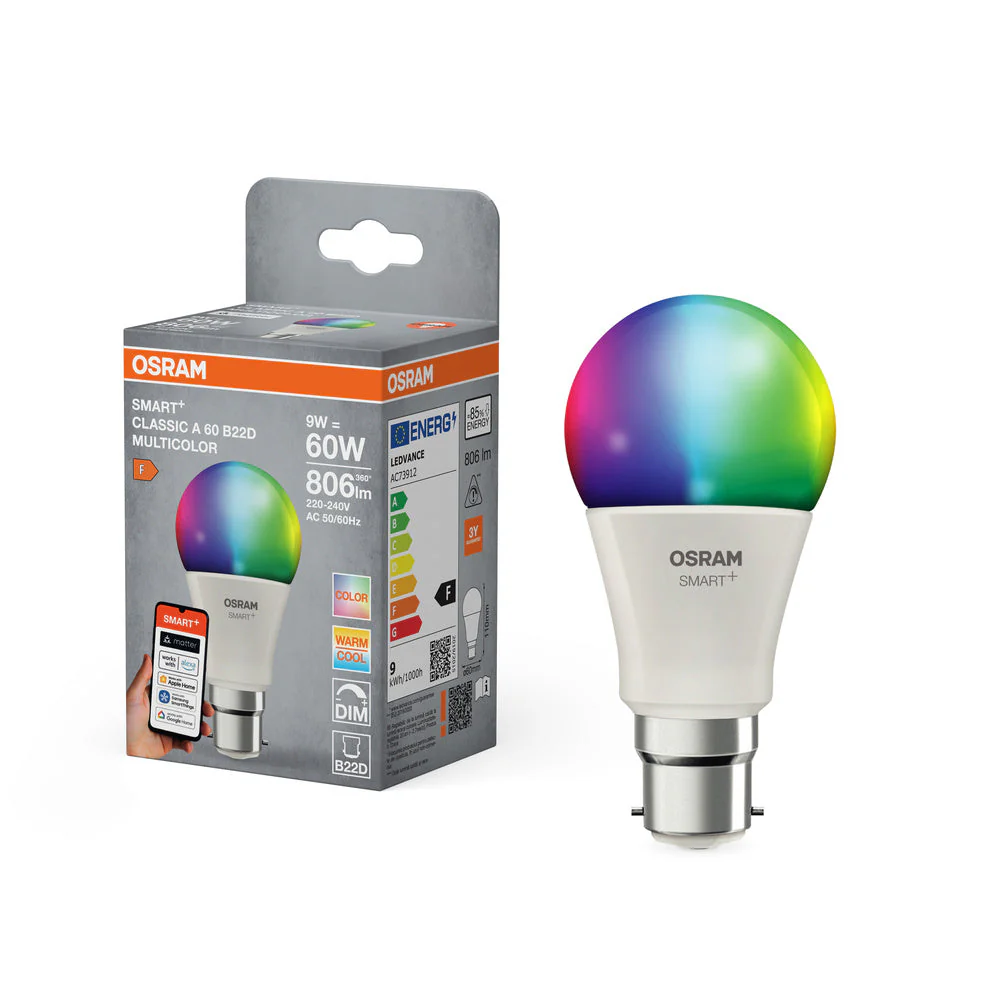 OSRAM Matter SMART+ Classica Lampada LED RGBW FR B22D 9W, 806 lm, 2700…6500 K, RGBW