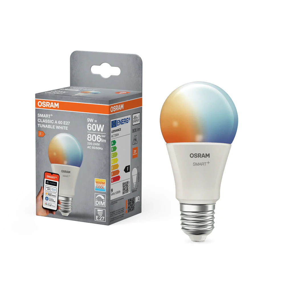 OSRAM Matter SMART+ Classica Lampada LED TW FR E27, 806 lm, 2700…6500 K, Bianco Regolabile