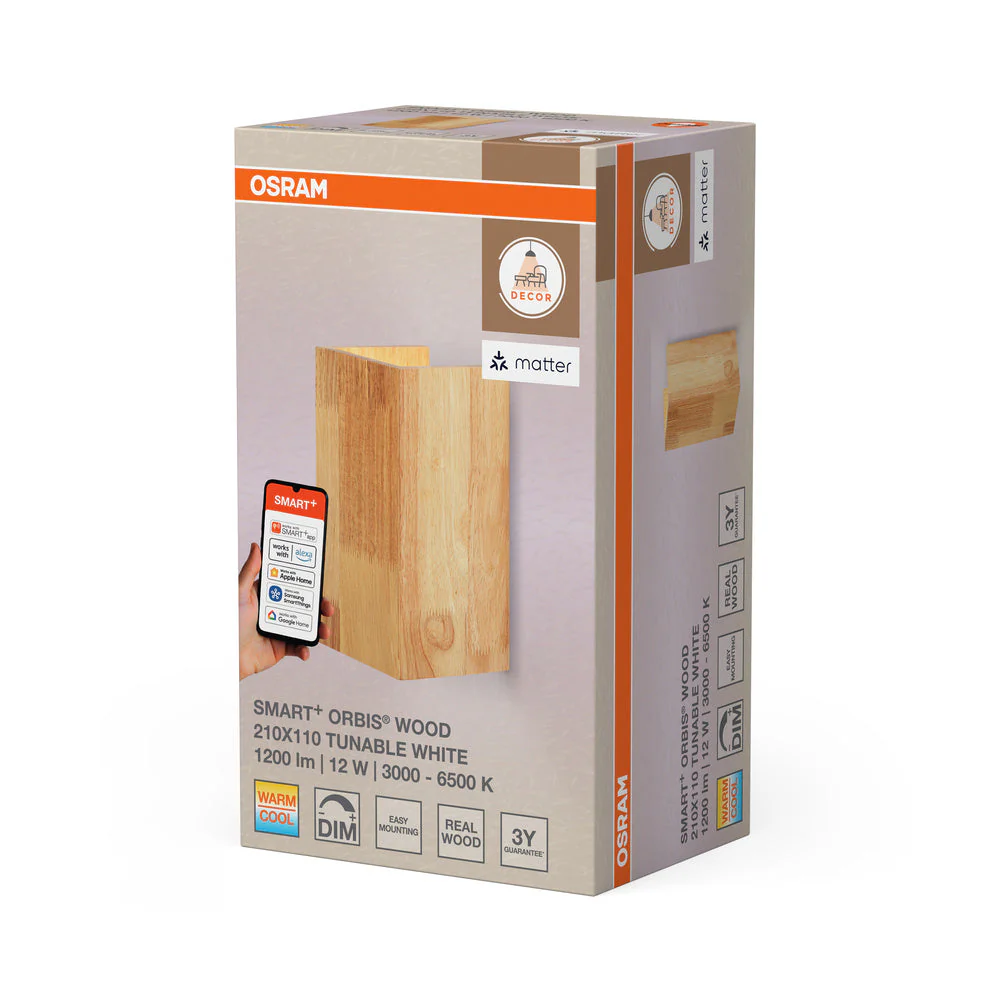 OSRAM Matter SMART+ ORBIS WOOD LED Applique da parete 21x11cm in effetto legno Bianco regolabile 12W / 3000-6500K - Image 3